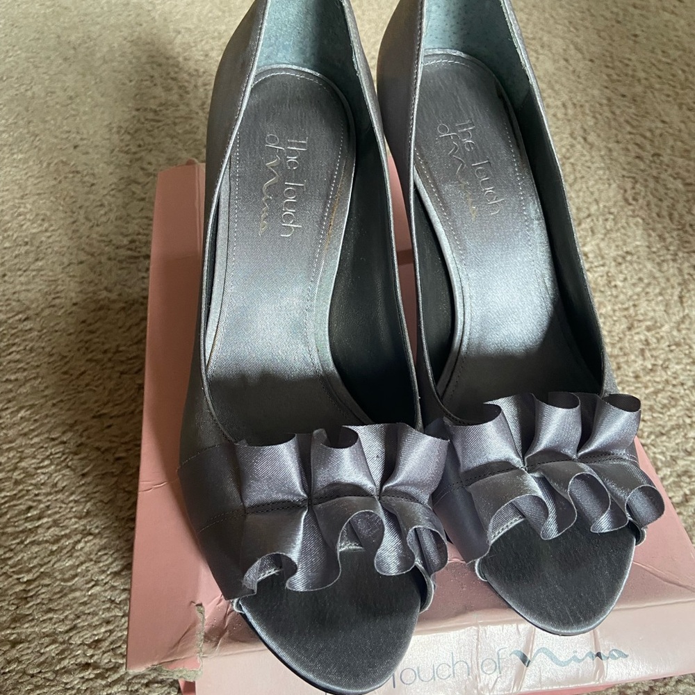 Touch of Nina Silver Ruffle Peep Toe Satin Pump